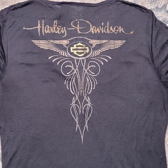 Harley-Davidson Black & Gold Embellished V-Neck Tee – Size XL - Picture 7 of 12